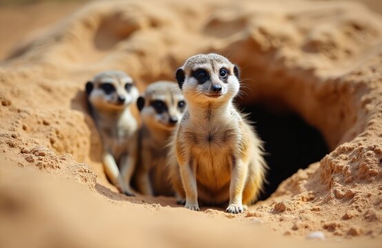 Group of meerkats near their burrows in desert sand. Curious animals look at something. Cute meerkats are vigilant. Wildlife portrait of curious mammals at habitat. - Powered by Adobe