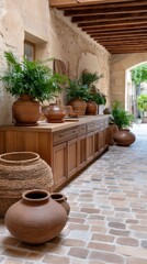 A clay pot rests on a rustic wooden surface surrounded by fresh herbs and natural decor, creating a peaceful and inviting atmosphere