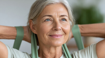 Active senior woman exercising with resistance band near window for wellness