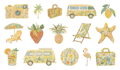 Fototapeta premium PNG Vintage tropical summer icons, element set on transparent background