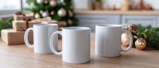 Obraz premium Three blank mugs are placed on a rustic wooden table, accompanied by pine cones and hints of holiday decor in a warm atmosphere