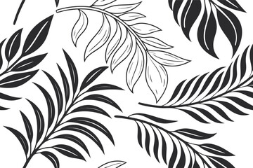 A seamless, monochromatic black and white pattern featuring a variety of tropical and fern-like leaves.