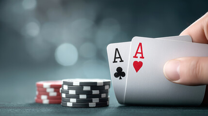 Playing cards ace of hearts and ace of clubs on a neutral gray casino background, symbol of luck and risk.