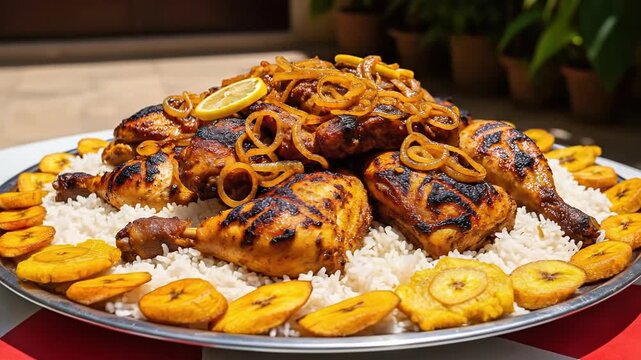 Traditional guinean chicken yassa with rice caramelized onions lemon and fried plantain