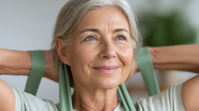 Active senior woman exercising with resistance band near window for wellness