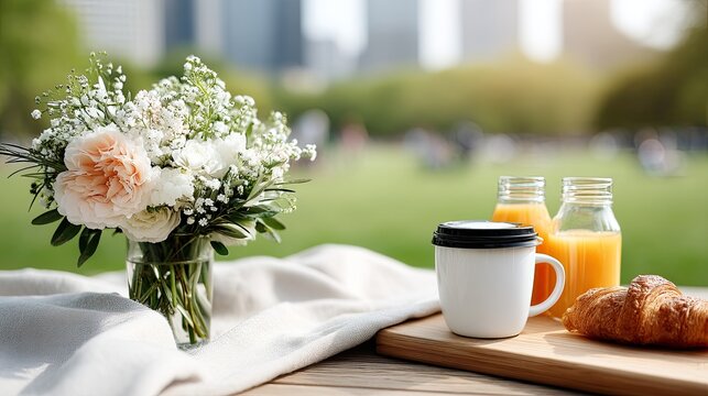 A beautifully arranged outdoor breakfast table displays fresh food and drinks, surrounded by greenery and peaceful scenery