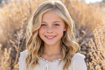 A charming portrait of a young blonde girl with blue eyes, smiling sweetly in a sunlit field, wearing a white top, with soft golden light and freckles on her face.
