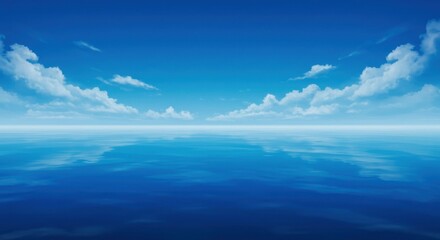 Tranquil ocean and sky meeting at the horizon under fluffy clouds