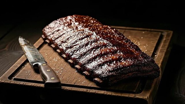 Delicious southern style BBQ pork ribs with a sweet glaze served on a rustic wooden cutting board with a knife for a hearty meal
