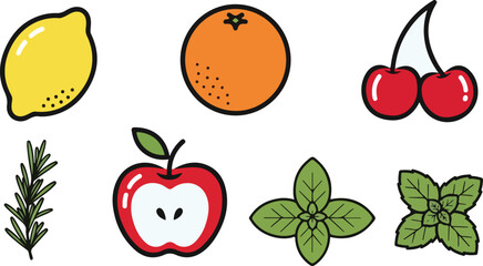 Modern fruit and herb icon set featuring stylized illustrations of lemon, orange, apple, and cherry .eps