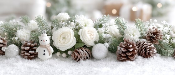 Festive decorations with white ornaments and snowflake designs hang against a soft, snowy background, enhancing the holiday spirit