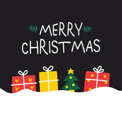 Cute Merry Christmas Greeting with Gifts and Tree on Chalkboard Background