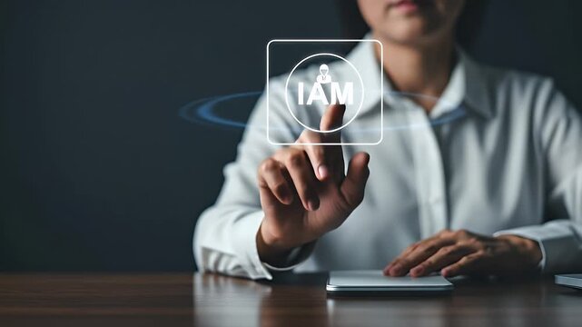 Woman in White Shirt Tapping Glowing Iam Icon on Futuristic Interface with Wooden Table and Dark Background in High Angle
