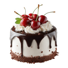 A cake topped with creamy frosting and bright red cherries, isolated on transparent background