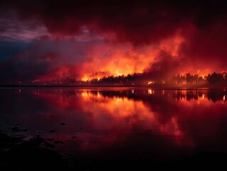Intense wildfire consuming a forest under red smoke skies, symbolizing the devastating effects of climate change.