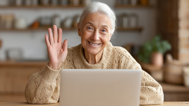 Say hi day celebration with elderly woman greeting during video call for connection and communication concepts - Powered by Adobe