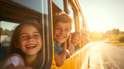 Obraz premium Happy children leaning out of a school bus window, basking in the warm glow of a sunny day, filled with joy