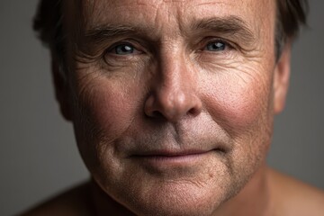 Obraz premium Close-up portrait of a mature man's face, showcasing the natural aging process and features, highlighting his character and life experience with soft, studio lighting.