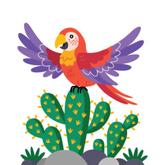 Colorful parrot sitting on cactus plant cartoon illustration vector, tropical bird flat vector design