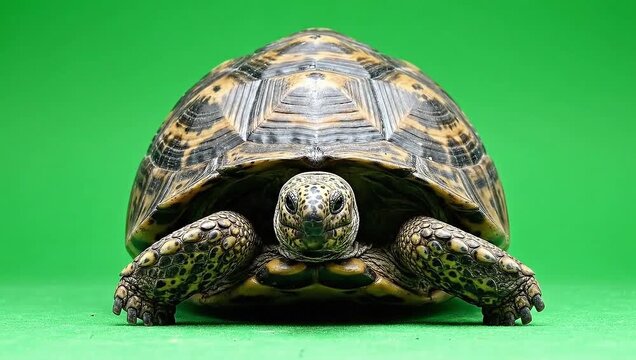 Turtle retracting into its shell on a greenscreen for defensive reactions, security ads, and comic timing footage