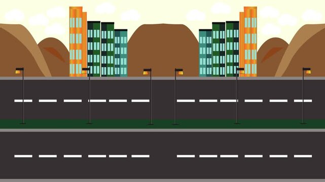 City street scene. Seamless loop animation of a flat city road with lights, grassy divider, and skyline under clouds. Perfect animated background for games and videos.