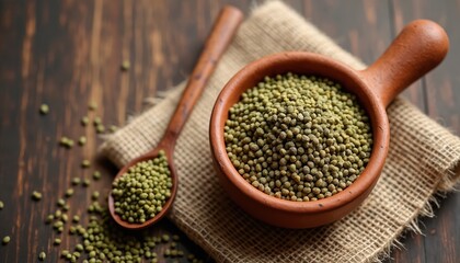 Green ajwain seeds in rustic clay bowl with wooden spoon on burlap cloth. Dry ajowan, caraway Trachyspermum ammi spice for cooking. Natural organic herbal ingredient for ayurvedic medicine, healthy