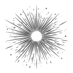 Hand drawn sunburst vector illustration with radiating rays and scattered sparkle stars in minimalist black line art style for decorative design elements and backgrounds