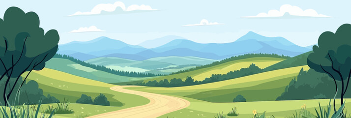 Winding dirt road through green grassy meadows with trees and rolling hills in valley landscape with distant mountains under blue sky