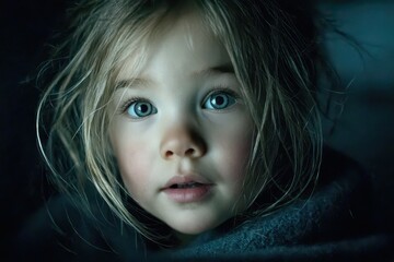 A close-up portrait of a beautiful young girl with piercing blue eyes and blonde hair, with a natural and innocent expression, set against a dark, mysterious background.