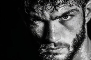 Obraz premium Intense monochrome portrait of a determined man with a strong gaze, highlighting his sweaty skin and textured beard in a dramatic black and white composition.