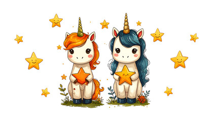 Two little unicorn illustration holding a star with stars background