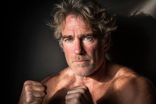 Intense close-up portrait of a bare-chested, muscular man with striking blue eyes, showcasing determination and strength, against a dark studio background with dramatic lighting.