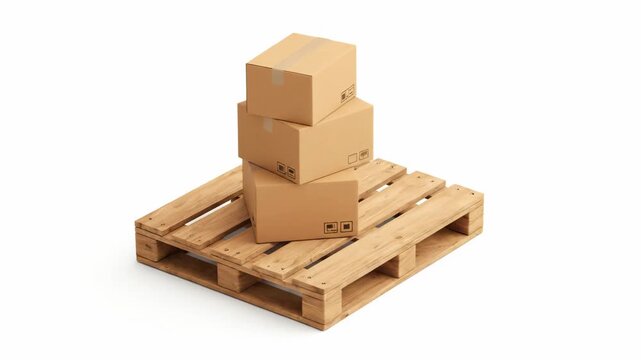 Cardboard Boxes Stacked on Wooden Pallet - A stack of three brown cardboard boxes sits on a wooden shipping pallet. The background is white, providing a clean and neutral backdrop.