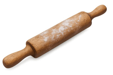 Wooden rolling pin with flour, used for baking and cooking pastry or dough, on transparent background