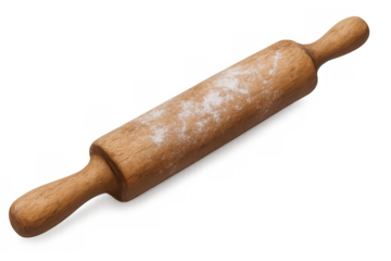 Wooden rolling pin with flour, used for baking and cooking pastry or dough, on transparent background