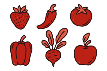 Set of red juicy fruit and vegetable icons with black outline. Strawberry, chili, tomato, bell pepper, beet, apple for healthy nutrition concept on transparent background.