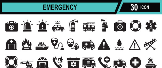 Vector art of set of 30 emergency and safety icons