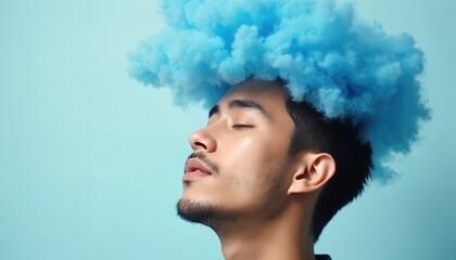 Man with closed eyes stands in profile. Blue cloud floats above head in surreal art style. He looks dreamy in conceptual vision, artistic mind. Hallucinogen trip with abstract thought.