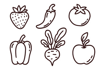 Food set with strawberry, chili, tomato, bell pepper, beet, and apple outline icon. Hand drawn doodle fruit and vegetable for healthy eating concept on transparent background.