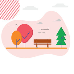 Minimalist vector illustration of a park scene with colorful trees a wooden bench,clouds,and a sun.Flat design landscape background for web,posters or mobile applications