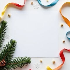 A New Year's card template with a green branch, colored ribbons, snowflakes.