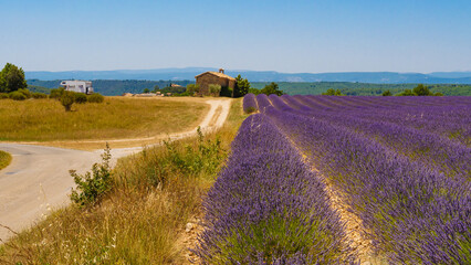 Caravan rv visiting chapel at Entrevennes village, France