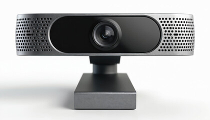 Modern webcam with wide lens and perforated sides. Device stands on dark adjustable base. Clean white background. Perfect for online meetings, streaming or recording.