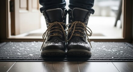 A pair of brown winter boots on a doormat with snowflakes. The background shows an open door leading to a cozy indoor space.