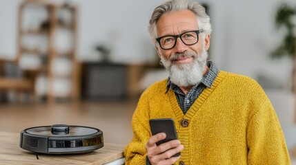 A man in a yellow sweater is smiling and holding a cell phone