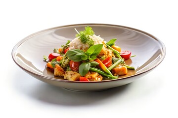 Fresh and colorful salad with greens and vegetables in a bowl isolated on white background