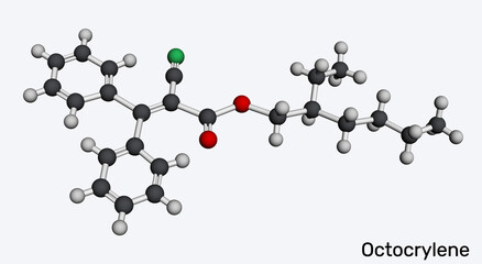 Octocrylene molecule. UVB/short-UVA sunscreen filter; photostability booster for avobenzone. Molecular model. 3D rendering. Illustration
