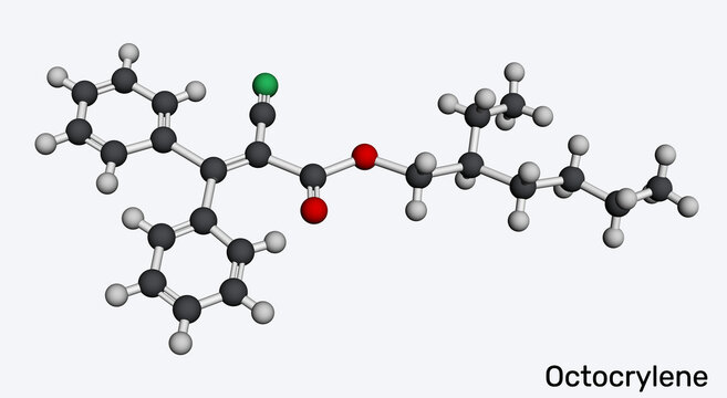 Octocrylene molecule. UVB/short-UVA sunscreen filter; photostability booster for avobenzone. Molecular model. 3D rendering. Illustration