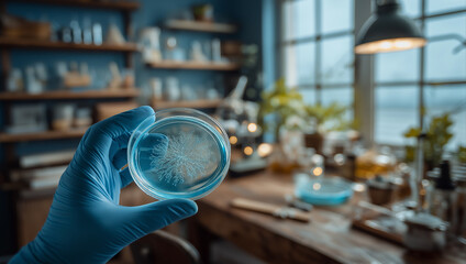 Laboratory technician holding petri dish with cultured microorganisms, showcasing scientific research in a cozy workspace filled with plants and equipment for experimentation