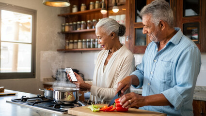 An older african american couple happily cooks a healthy meal in their modern kitchen using a smartphone recipe
